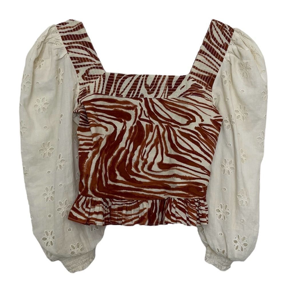 Anthropologie Love The Label Boho Top Smocked Eyelet Puff Sleeve Blouse XS P